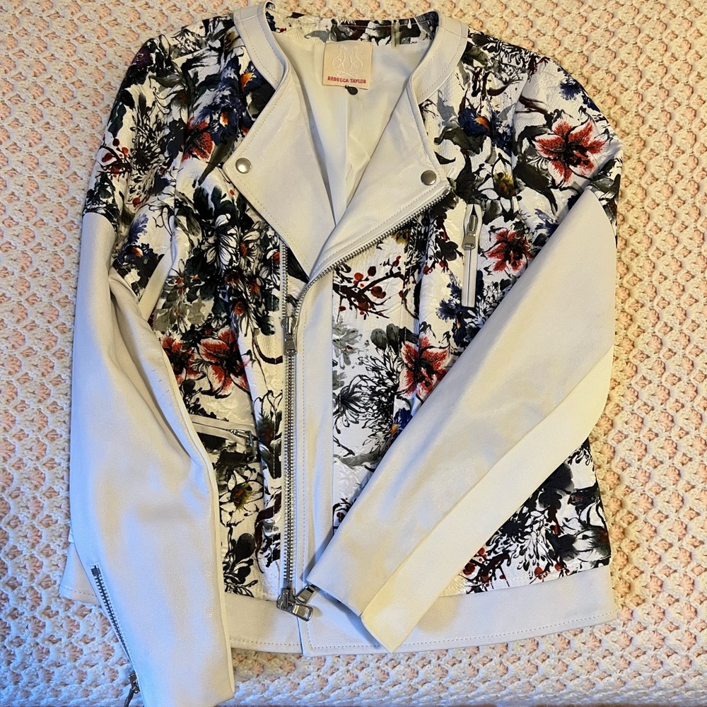Rebecca Minkoff White Leather Floral Moto Jacket